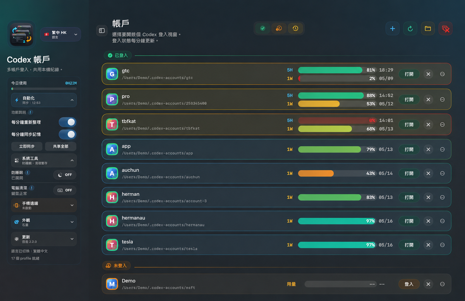 Codex Accounts profile dashboard